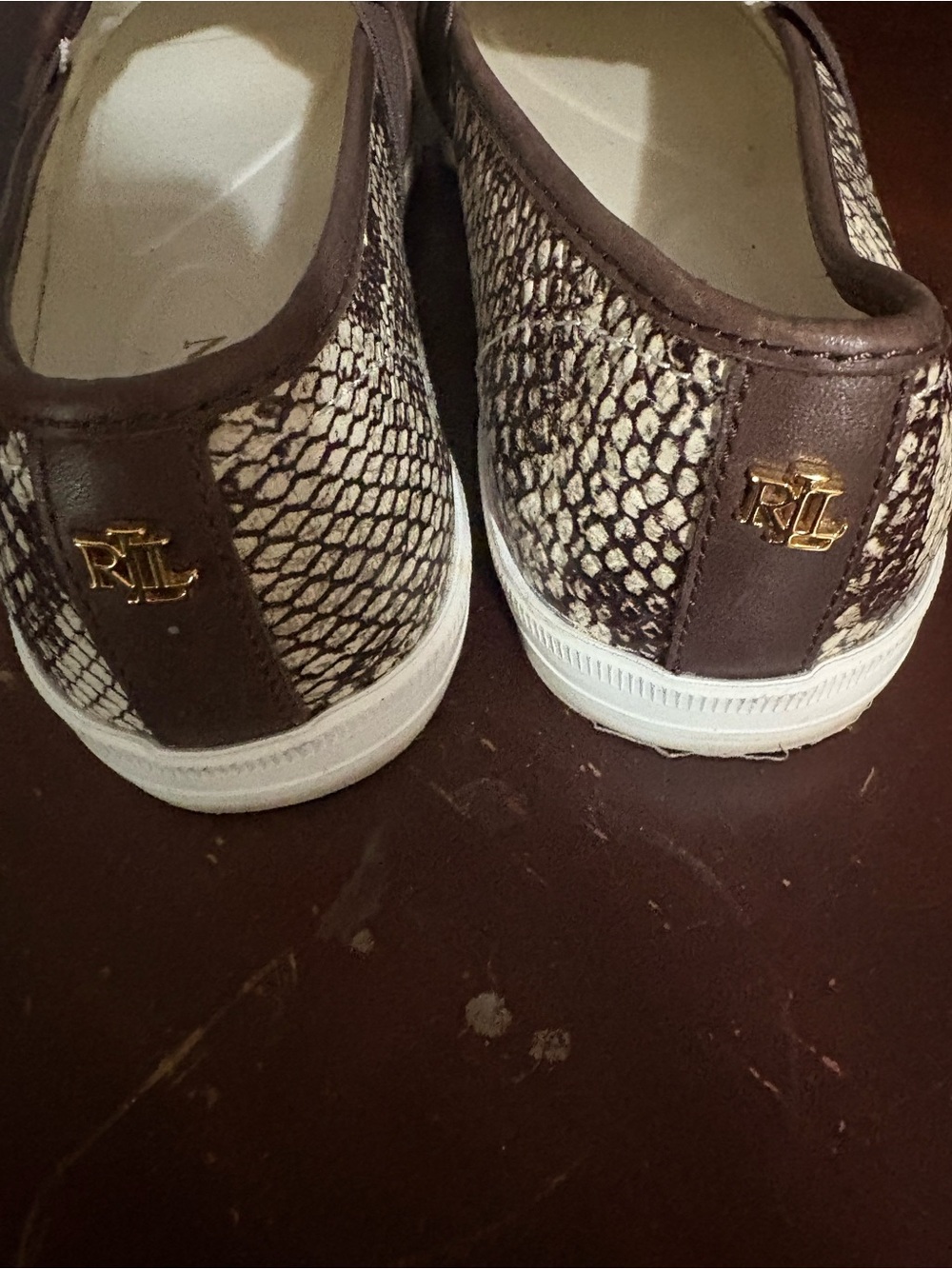 Ralph Lauren Snake-Print Slip-On Loafers in White and Brown - Picture 6 of 6